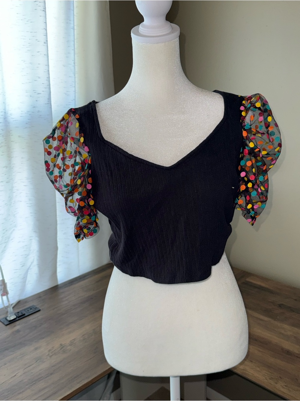 Black Ctop Top Polka Dot Puff Sleeves Large